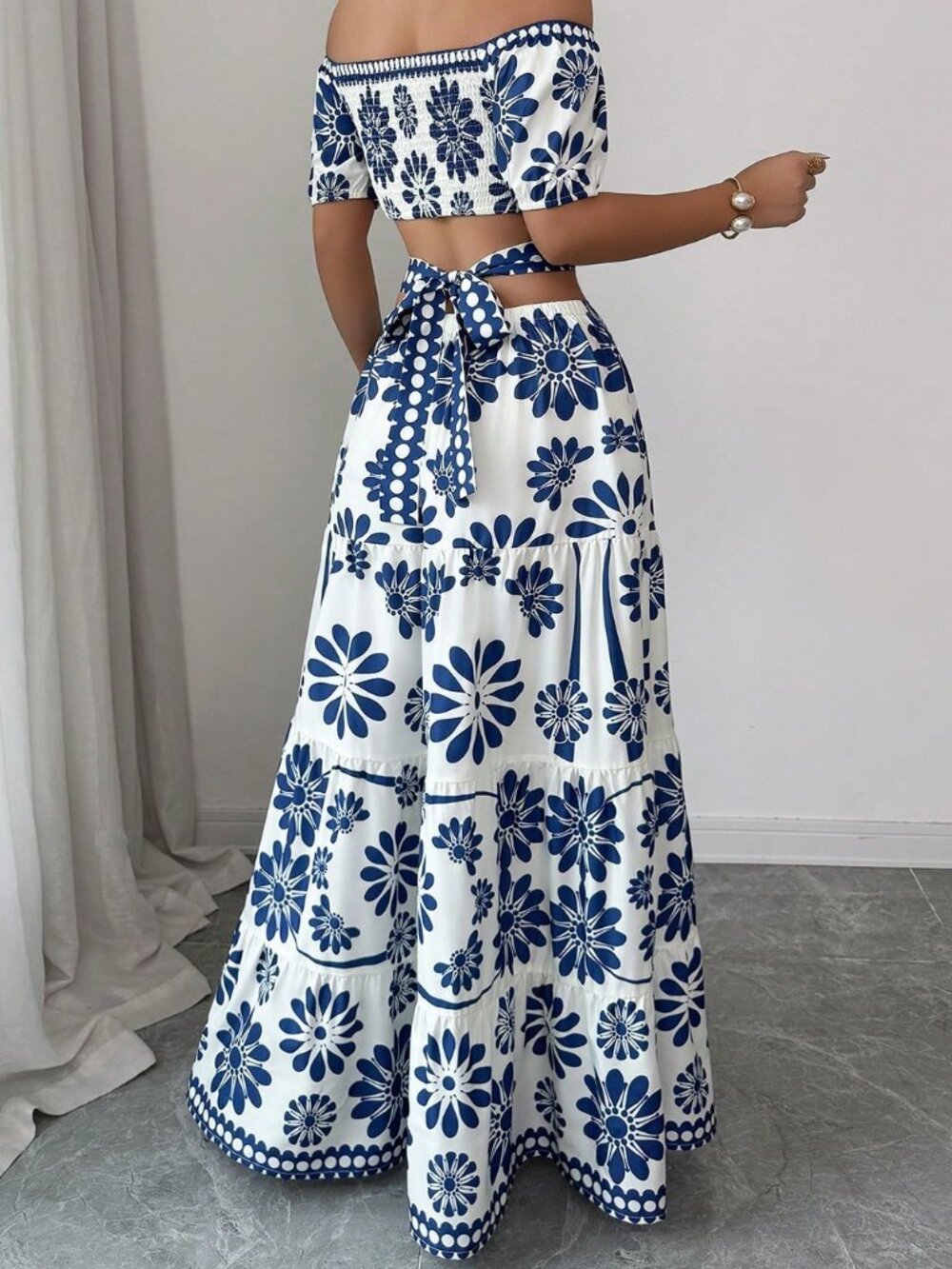 Blue Boho Women's Floral Print Off-Shoulder short Sleeve Hollow Waist Dress - Picture 2 of 7